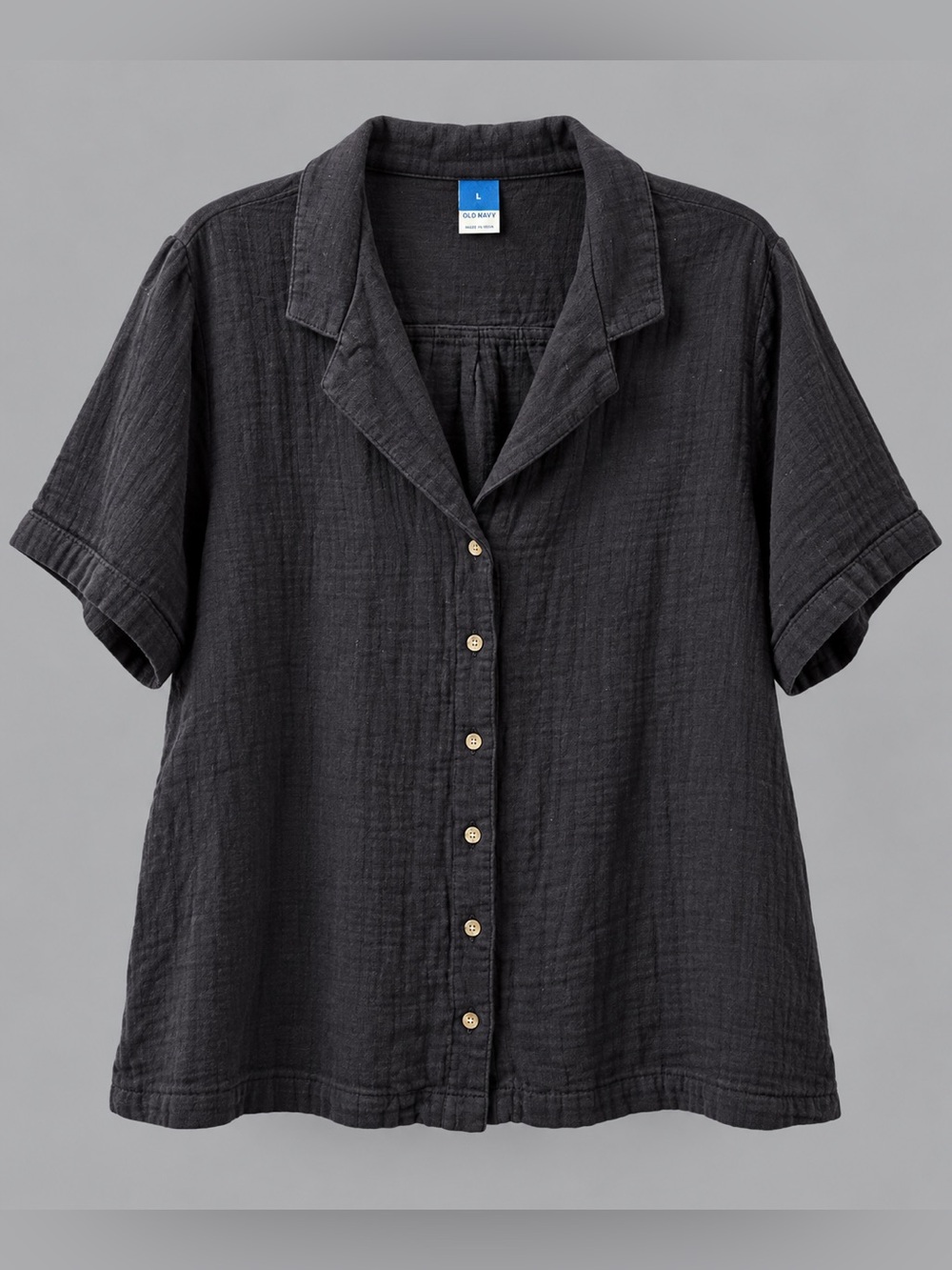 Old Navy Black Crinkle Gauze Button Front Shirt Size L Short Sleeve Relaxed